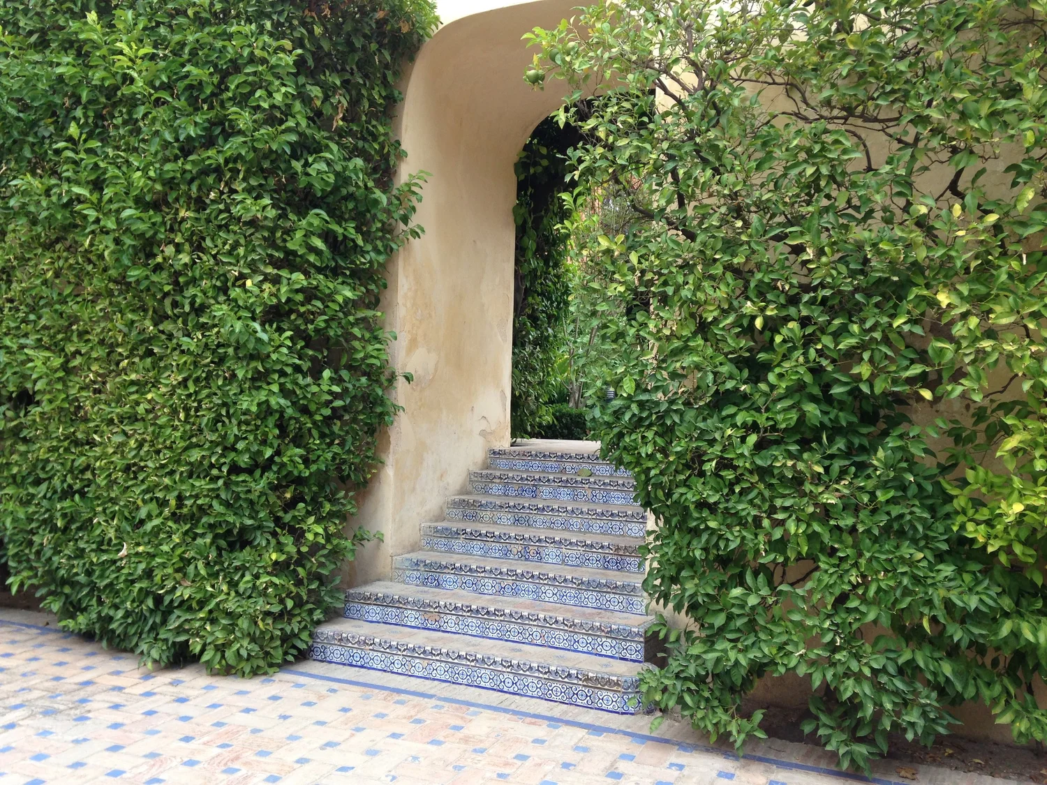 Colorful stairway leads to terraced gardens at the Royal Alcazar, Seville